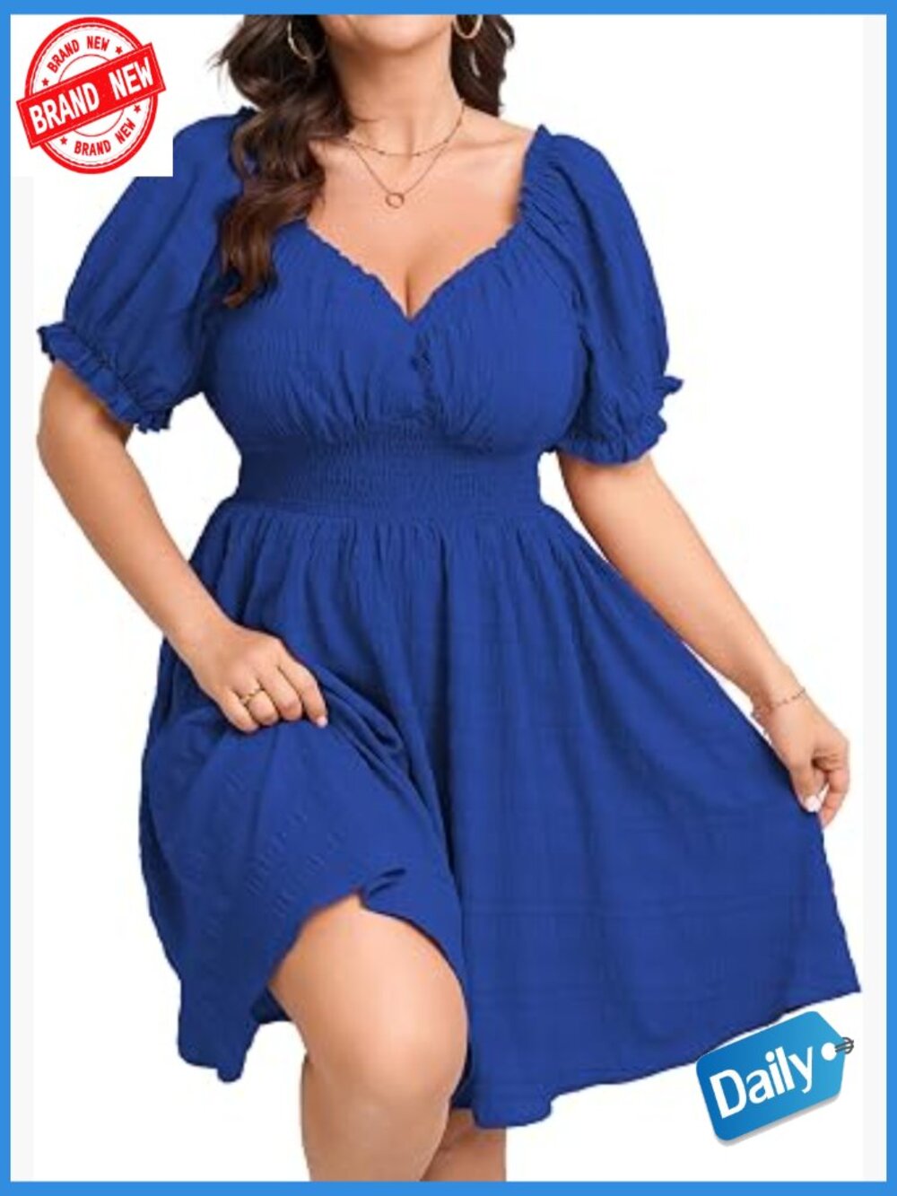 Plus Size Sweetheart V Neck Puff Sleeve Smocked Mini Sun Dress